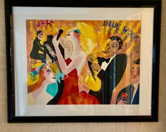 Earl Linderman “Hot Jazz at the Blue Wolf” Limited Edition Lithograph Matted and Framed