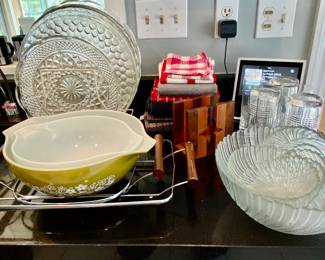 Vintage pyrex bowls, glass platters, glassware, kitchen linens, MCM trivets