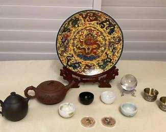 MMS101 Chinese Clay Teapots, Dragon Plate, Jade Bowls, Souvenir Coins & More!