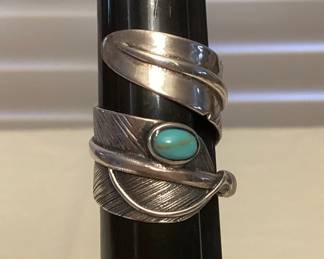 MMS021 Sterling Silver Feather Shaped Ring With Turquoise Stone Size 9