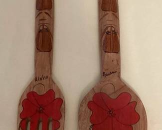 MMS037 Decorative Large Carved Wooden Fork & Spoon With Hawaii Design 