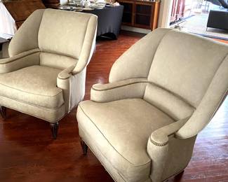 Two Matching sage green  Wing Back Councill Chairs 