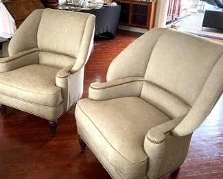 Two Matching sage green Wing Back Councill Chairs