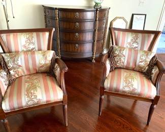 Two woven silk matching striped chairs