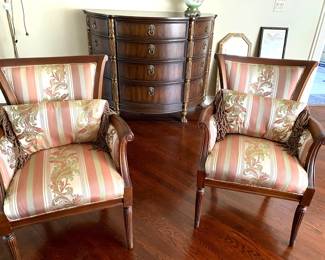 Two woven silk matching striped chairs 