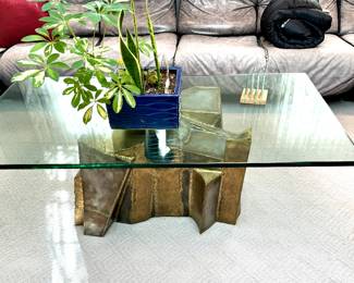 Italian Made Brutalist Style Bevelled Glass Table with Metal Sculptured Base