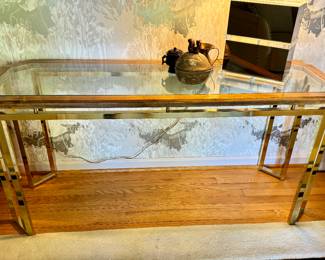 Beveled Glass/Wood/Brass Console Table