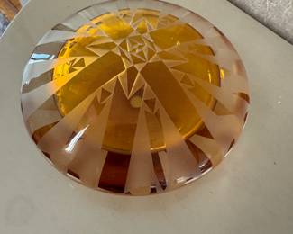 Signed Amber, art glass paperweight