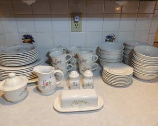 Pfaltzgraff Meadow Lane & Filigree Scrolls designs. Service for 8 with platter, salt and pepper shaker, creme and sugar.