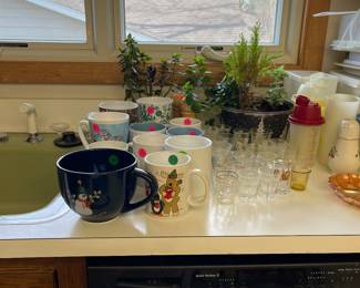 Coffee, mugs, a couple of plants, lots of shot glasses