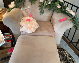 Wedding arch floral, chiffon swags, comfy ultra suede chair and ottoman