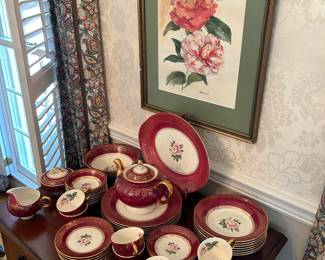 Unique full porcelain set - 1940's - deep red and gold - floral - great condition