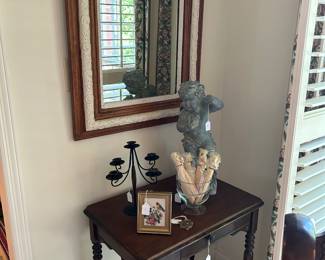19th C frame-in-frame mirror - side table 1920's. Small sculpture by Michaelangelo (or not...) 