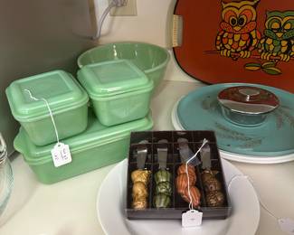 Vintage jadeite in the rear along with other 1960's serving pieces