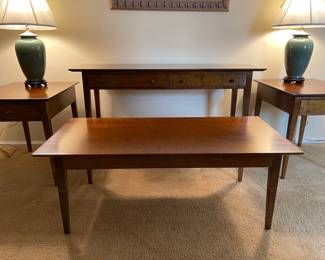 Set Of four rare  Tiger Maple Stickley  tables: Sofa Table with drawers,Two side tables with drawer and a coffee table.All are signed.