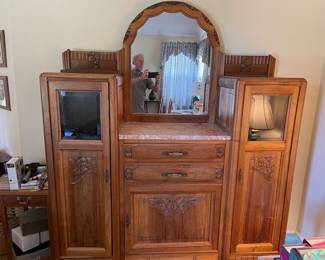 European Deco Era Buffet with bevel glass side cabinet, attached mirror and marble top.