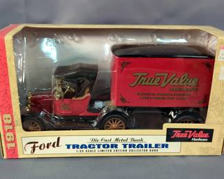 Die Cast Metal Bank 1918 Ford Tractor Trailer, Liberty Classics Inc Ford Model A Bank, True Value 1919 GMC Tanker Truck Bank