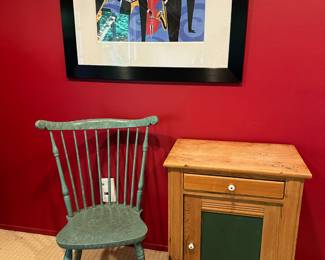 French Blue Cupids Bow Chair, Green/Pine Side Table, Framed & Matted Print "A Concerted Effort" by Darryl Daniels