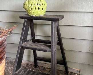 Rustic Black Wooden Step Stool Ladder, Yellow Owl Candle Holder/Lantern