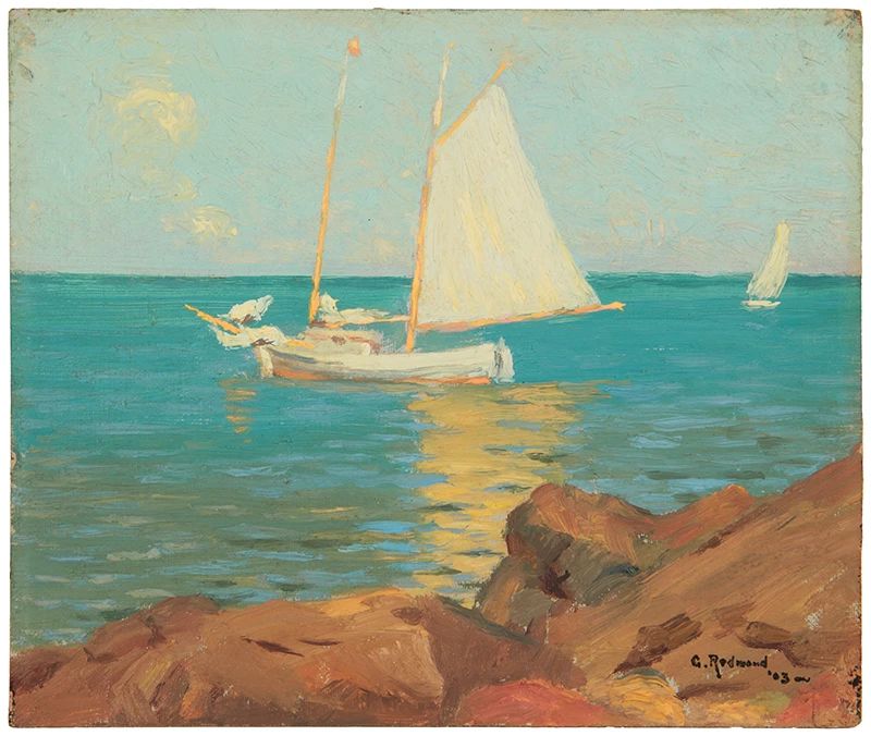 1
Granville Redmond
1871-1935
"Sailboats Off Catalina," 1903
Oil on canvas laid to board
Signed and dated lower right: G. Redmond
6.25" H x 7.375" W
Estimate: $7,000 - $9,000