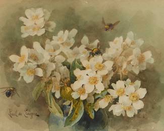 29
Paul De Longpre
1855-1911
"Mock Orange Flowers"
Watercolor on paperboard
Signed lower left: Paul De Longpre; titled and inscribed in pencil, possibly in another hand, verso
Image/Sheet: 10" H x 13.5" W
Estimate: $4,000 - $6,000