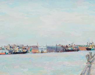 45
Herman Rose
1909-2007
"Gansvoort St. Pier"
Oil on canvas
Signed lower left: Herman Rose; signed again and titled, possibly in another hand, verso
10.25" H x 20.5" W
Estimate: $2,000 - $3,000