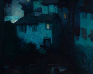 91
Mischa Askenazy
1888-1961
Lights In The City At Night
Oil on canvas laid to foamboard
Signed lower right: M. Askenazy; with the estate ink stamp inscription with an accompanied number in pen, verso: This painting is number 64 from / the estate of Mischa Askenazy
31.5" H x 25" W
Estimate: $4,000 - $6,000