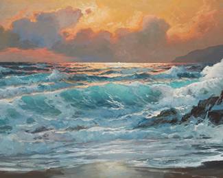 129
Alexander Dzigurski
1911-1995
Rocky Coastal At Sunset
Oil on canvas laid to board
Signed lower right: A. Dzigurski
24" H x 48" W
Estimate: $3,000 - $5,000
