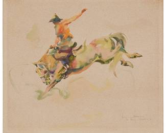 10
Armin Hansen
1886-1957
"Bucking Bronco," 1946
Watercolor on paperboard
Signed, inscribed, and dated in pencil lower right: Armin Hansen / To Marg. Xmas; titled on a gallery label affixed to the frame's backing paper
Sheet: 9.5" H x 10.625" W
Estimate: $7,000 - $9,000