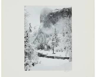 95
Ansel Adams
1902-1984
"El Capitan, Winter," 1968
Gelatin silver print on paper mounted to a board mount
Edition: 146 from an edition of unknown size; printed later by an assistant to Ansel Adams
Signed on the matboard mount, lower right: Ansel Adams; with the Special Edition of Fine Prints ink stamp and inscribed edition number and title on the verso of the matboard mount
Image/Sheet: 9.25" H x 7" W; Matboard mount: 16.5" H x 13.375" W
Estimate: $1,500 - $2,000