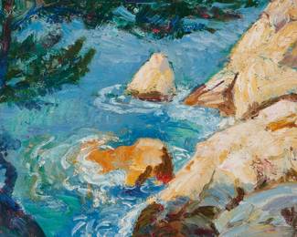 50
Bernhard Gutmann
1869-1936
"Sun On Coastal Rocks"
Oil on panel
Unsigned; attributed to and titled on label affixed to frame's backing paper
8" H x 10" W
Estimate: $1,000 - $2,000