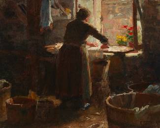 84
Edward H. Potthast
1857-1927
"Ironing"
Oil on canvas laid to canvas
Signed lower right: E. Potthast; titled on two labels affixed to the back of the frame
10.5" H x 14" W
Estimate: $3,000 - $4,000