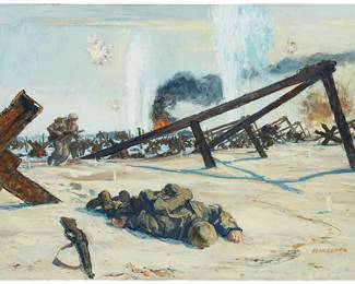 100
Mentor Charles Huebner
1917-2001
Production Illustration For "The Longest Day," Circa 1960
Oil on board
Signed lower right: M. Huebner; inscribed verso: Rochelle
21.5" H x 29" W
Estimate: $1,000 - $2,000