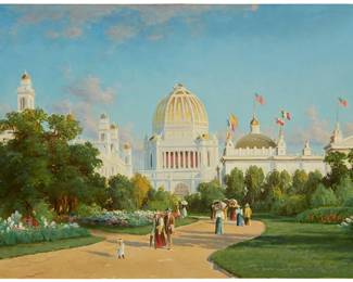 64
John Ross Key
1837-1920
"World's Columbian Exposition, Chicago, 1892"
Oil on artist board
Signed lower left: John R Key; titled on a gallery label, as well as on a catalogue page, both affixed to the frame's cardboard backing
13.5" H x 21" W
Estimate: $3,000 - $5,000