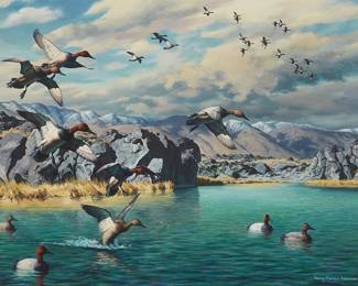40
Harry Curieux Adamson
1916-2012
"Canvasbacks At Little Lake"
Oil on canvas
Signed lower right: Harry Curieux Adamson; titled on a label affixed to the stretcher
26" H x 34.5" W
Estimate: $15,000 - $20,000