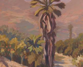 133
Robert Ferguson
b. 1958
"Lone Palm In Evening Light" 2022
Oil on canvas
Signed lower left: Robert Ferguson; signed again, titled, dated, and inscribed in pencil, verso
40" H x 30" W
Estimate: $800 - $1,200