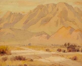 140
Alfred R. Mitchell
1888-1972
"Santa Rosa Mountains From Coachella Valley"
Oil on Upson board
Signed lower left: Alfred R. Mitchell; titled in pencil, verso; titled again on a gallery label affixed, verso
8" H x 10" W
Estimate: $700 - $900