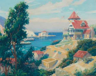 3
Joe Duncan Gleason
1881-1959
"The Beautiful Bay Of Avalon"
Oil on canvasboard
Signed lower right: Duncan Gleason; titled on an artist's label affixed verso
9" H x 12" W
Estimate: $8,000 - $12,000