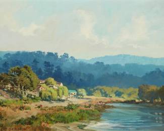 6
Albert Thomas DeRome
1878-1950
"El Estero, Monterey," 1946
Oil on canvasboard
Signed lower left: A. DeRome; titled in pencil, verso; titled again and dated on a gallery label affixed verso
10" H x 14" W
Estimate: $2,000 - $3,000
