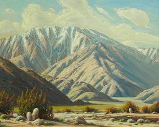 13
Paul Grimm
1891-1974
"Mighty San Jacinto"
Oil on canvas
Signed lower left: Paul Grimm; signed again, titled, and with the artist's copyright ink stamp, all verso
30" H x 40" W
Estimate: $4,000 - $6,000