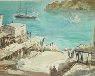 107
Henry Gasser
1909-1981
Cove Scene With Figures
Watercolor on paperboard
Signed lower right: H. Gasser
Image/Sheet: 14.375" H x 21" W
Estimate: $2,000 - $3,000
