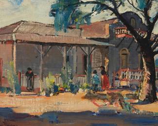 8
Paul Lauritz
1889-1975
"Old Home Of Pio Pico, Last Mexican Governor Of California"
Oil on canvas laid to board
Signed lower left: Paul Lauritz; titled from two inscriptions in pencil and ink, possibly in another hand, verso
11.5" H x 14.25" W
Estimate: $2,000 - $3,000