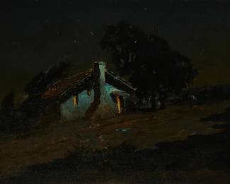 68
Charles Rollo Peters
1862-1928
"Moonlight Adobe"
Oil on canvas laid to canvas
Signed lower right: C. Rollo Peters; titled on a gallery label affixed to the frame's backing foam board
20.25" H x 30.25" W
Estimate: $7,000 - $9,000