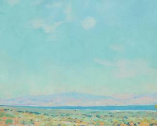 62
Alson Clark
1876-1949
"The Salton Sea," 1922
Oil on linen laid to board
Signed and dated lower left: Alson Clark; titled and dated on label affixed verso
15" H x 14" W
Estimate: $5,000 - $7,000