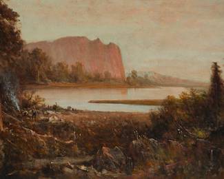 66
Thomas Hill
1829-1908
"Crescent Lake - Yosemite Valley"
Oil on canvas
Signed lower right: T. Hill; titled in pencil verso
20" H x 30" W
Estimate: $18,000 - $22,000