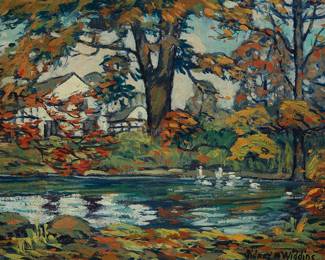 127
Sidney Miller Wiggins
1881-1940
Lake Scene
Oil on canvas
Signed lower right: Sidney M. Wiggins
16" H x 20" W
Estimate: $700 - $900