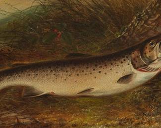 87
Samuel Kilbourne
1836-1881
"Trout On A Riverbank," 1877
Oil on canvas
Signed and dated lower left: S. A. Kilbourne; titled on label affixed to the frame's backing board
10" H x 18" W
Estimate: $3,000 - $4,000