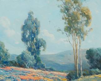 78
Angel Espoy
1879-1963
Eucalyptus Tree In A Wildflower Field
Oil on canvas
Signed lower right: A. Espoy; incised inscription along the upper portion of the frame, verso: From Rhue to Eva / Feb 25 1962
18" H x 14" W
Estimate: $2,000 - $3,000