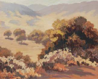 138
Robert Ferguson
b.1958
"Road To Julian, Santa Ysabel In Evening Haze," 2023
Oil on canvas
Signed lower left: Robert Ferguson; signed again, titled, dated, and inscribed in pencil, verso
24" H x 30" W
Estimate: $800 - $1,200