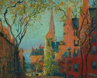 124
Arthur Clifton Goodwin
1864-1929
"Mt. Vernon Street, Beacon Hill"
Oil on canvas laid to canvas
Signed lower right: A.C. Goodwin; titled on the frame plaque
25" H x 30.5" W
Estimate: $6,000 - $8,000